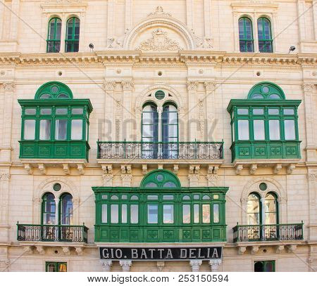 Valletta, Malta - May 2018: Old Gio Batta Delia Facade Building In Valletta