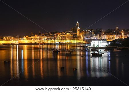 Night Lights Of Valletta Grand Harbour From Sliema, Malta
