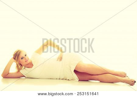 Subtlety And Delicacy Of Women. Young Fabulous Stunning Charming Woman In White Clothes. Casual Beau