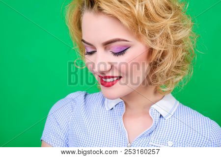 Closeup Portrait Of Woman With Bright Pin Up Make Up. Portrait Of Sensual Blond Pin Up Girl. Woman W