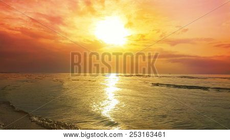 August 3, 2018: Sunset Sea View Background At Cha-am Beach Thailand