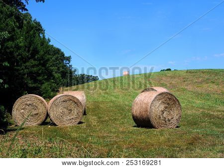 Hay Bales Are Ready For Storage On A Farm In The Ozark Mountains Of Arkansas.