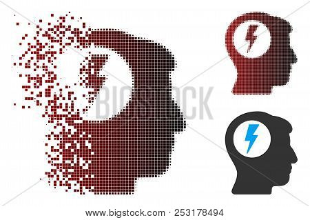 Vector Brain Electric Shock Icon In Sparkle, Pixelated Halftone And Undamaged Whole Variants. Disapp