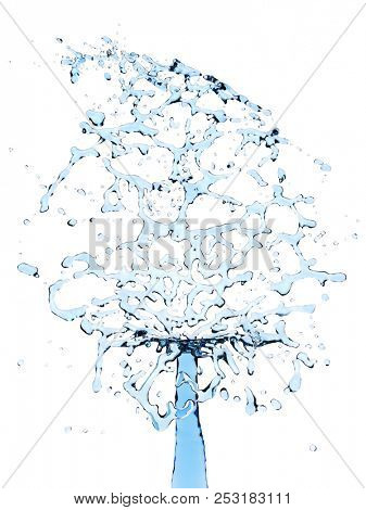 Clean water spalsh with imaginary obstacle isolated on white background. Advertising design element. 3D rendering. 