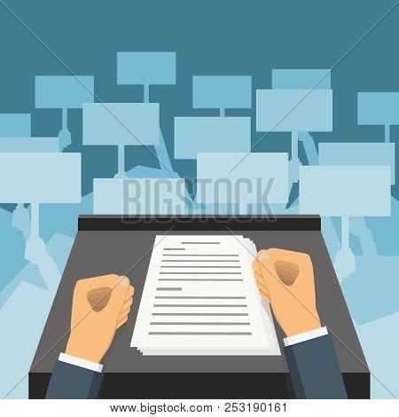 Businessman Or Politician In Suit At Tribune. Orator Or Narrator, Spokesman Or Leader At Debates Or 