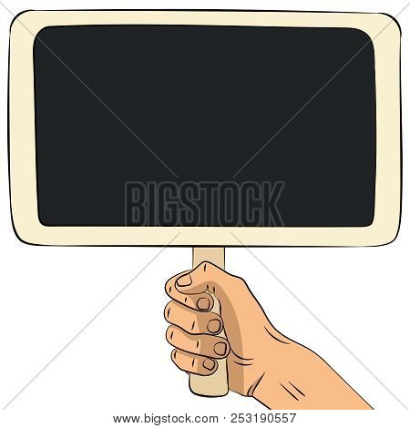 Man Hold Wooden Chalkboard. Hand Drawn, Vector Illustration, Isolated On White Background.
