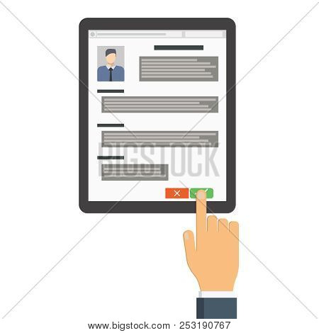 Approved To Work. Employer On The Tablet Looking Resume. Job Interview Concept. Businessman Estimate