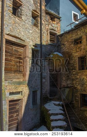 A Street In The Hill Village Of Casso In Winter Friuli Venezia Giulia, North East Italy. With A Popu