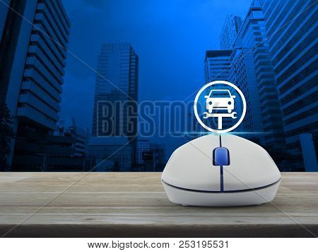 Service Fix Car With Wrench Tool Flat Icon With Wireless Computer Mouse On Wooden Table Over Modern 