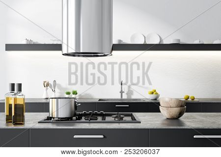 Gray Kitchen Countertop With A Cooker, Pots, And Bottles In A White Kitchen Interior. A Long Shelf W