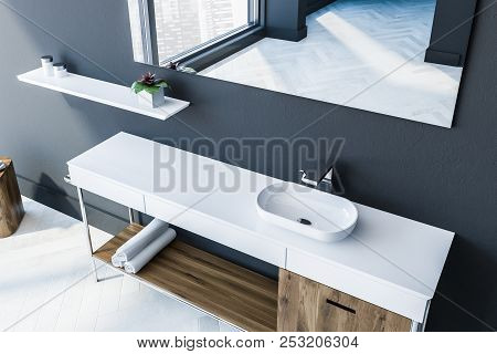 Scandinavian Style Bathroom Interior Top View With Grey Walls, A White Wooden Floor, And A Sink With