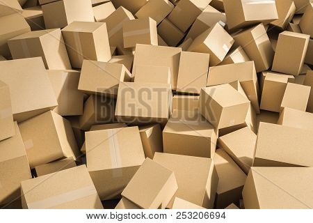 Top View Of A Pile Of Closed Cardboard Boxes. Concept Of Delivering Goods, Consumerism And Overprodu