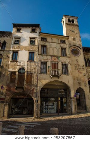 Vittorio Veneto, Italy - February 11th 2018. Buildings In Piazza Flaminio In The Historic Town Of Vi