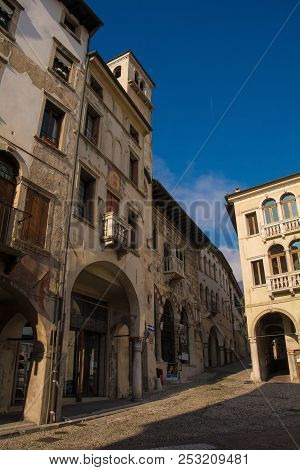 Vittorio Veneto, Italy - February 11th 2018. Buildings In Piazza Flaminio In The Historic Town Of Vi