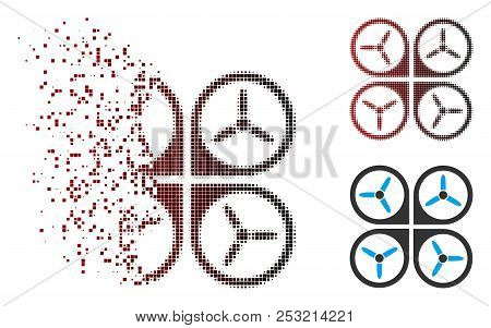 Vector Quadrotor Icon In Dispersed, Dotted Halftone And Undamaged Whole Versions. Disappearing Effec