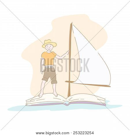 Boy In Hat Floating On Book With Sail