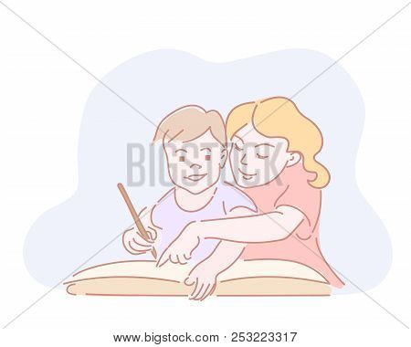Two Kids Drawing Homework In Big Book