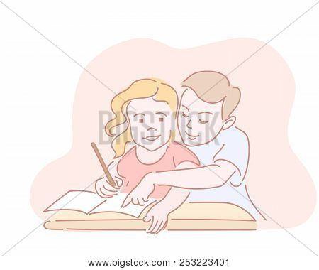 Two Kids Writting Homework In Worksheet For School