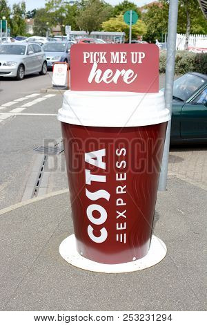 Dereham, Uk - August 4, 2018: Large Plastic Costa Coffee Cup On Display At A Petrol Station, Dereham