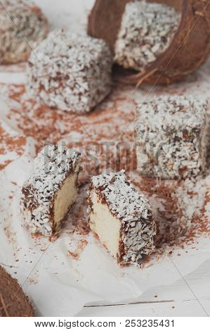 Raw Sweets Prepared From Coconut And Cocoa. Selective Focus.