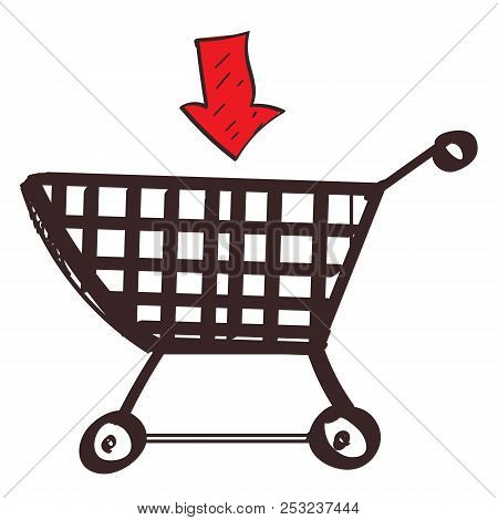 Trolley Shopping Colored Button With A Black Outline On A White Background In A Hand Drawn Style.