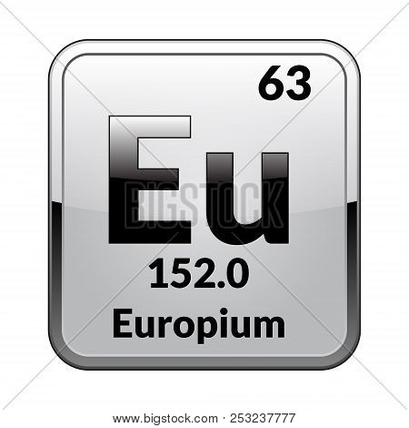 Europium Symbol.chemical Element Of The Periodic Table On A Glossy White Background In A Silver Fram