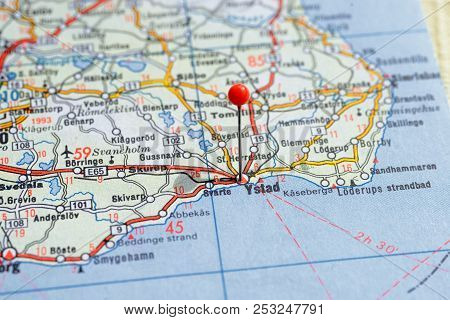 Sweden Stockholm, 07 April 2018: European Cities On Map Series. Closeup Of Ystad In Sweden.