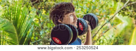Bicep Curl - Weight Training Fitness Man Outside Working Out Arms Lifting Dumbbells Doing Biceps Cur
