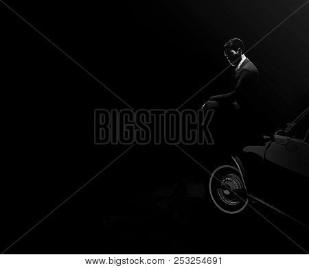 Mysterious Man Sitting On The Car 3d Render