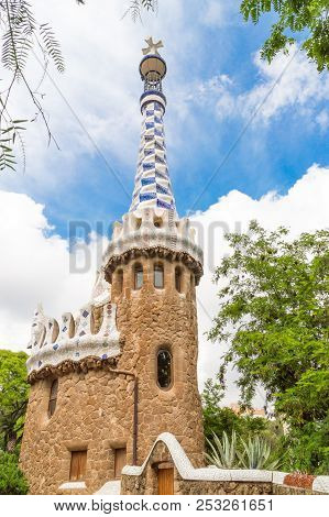 View Of Tower Of Entrance Building Edificio De Entrada In Parc Guell.