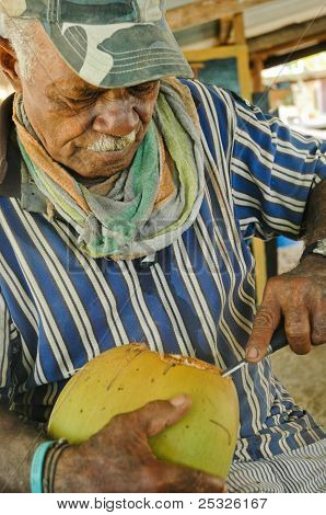 Fidschi Mann Eröffnung Kokos