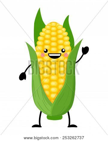 Kawaii  Cartoon Corn Vector Illustration Isolated On White Backg