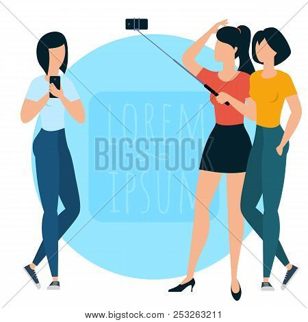 Young Trendy  People With Mobile Phones And  Gadgets. Fat Design  Teenager, Students, Girls And Wome