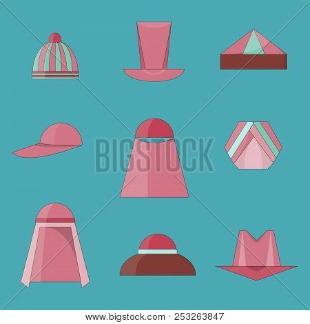 Set Of Hats Icons, Flat Style With Outlines