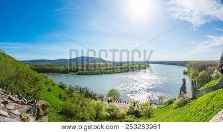 The Danube And Morava River Together Near The Devin Castle, Slovakia. Summer Weather, Blue Sky