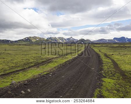 View On Dirt Mountain Road F210 In Abandoned Green Landscape At Nature Reserve Fjallabak In Iceland 