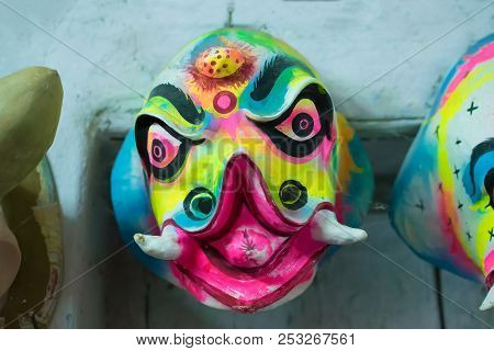 Colorful Chhau (or Chhou) Mask , Handicrafts On Display For Sale - At Charida, Purulia - Bangla (for
