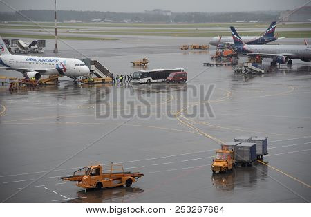 Moscow, Russia- June 12 2018: Airplanes On The Runway At Terminal D Of Sheremetyevo International Ai