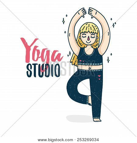 Design Of A Poster With A Young Blonde Girl For A Yoga Studio. Plus-size Woman In Tree Pose Sports. 