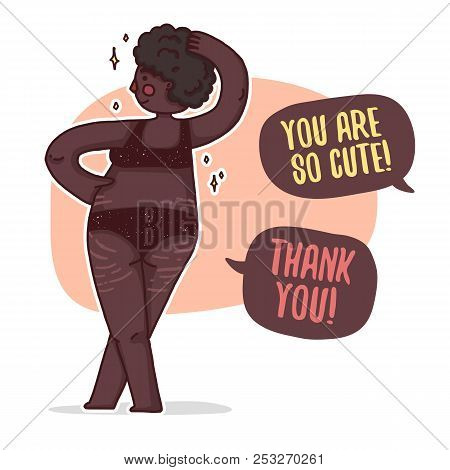 Design Banner With A Black Girl Plus-size. Illustration With A Cute Afro Cartoon Woman With Overweig