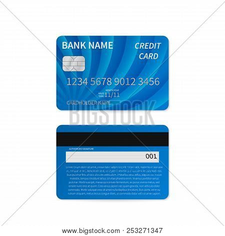 Realistic Blue Credit Card Isolated On White. Detailed Plastic Card With Silver Embossed Symbols. Fr