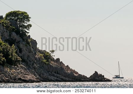 Sailing Boat Passing The Cap With Pine Trees In Adriatic Sea