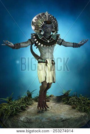 Fantasy Reptilian Tribal Shaman With Its Hands Up. 3d Illustration.