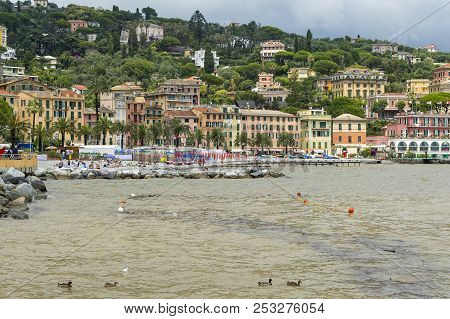 Santa Margherite Ligure, Italy - July 12, 2018: View Of The Shore At Santa Margherita Ligure.