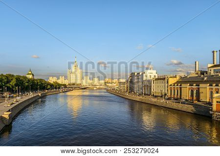 Moskvoretskaya Embankment And Raushskaya Embankment Of Moscow River. View Towards Stalinist Resident