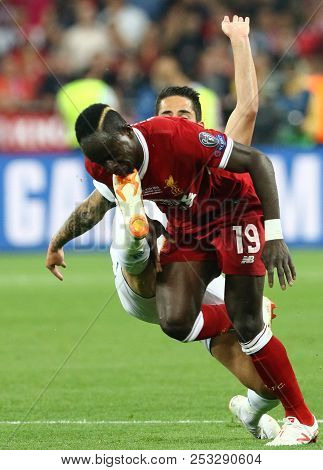 Kyiv, Ukraine - May 26, 2018: Sadio Mane Of Liverpool Is Kicked By Real Madrid Player During Their U