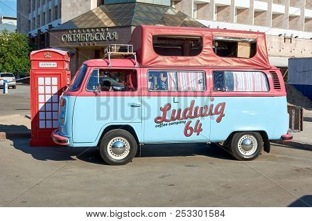 Krasnoyarsk, Russia - August 11, 2018: Volkswagen Transporter T2 The Minibus Equipped For Sale Of Co