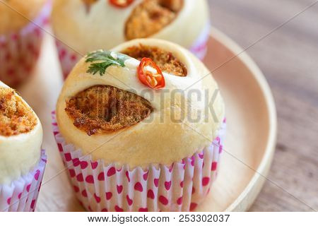 Homemade Soft And Sticky Bun Filled With Dried Shredded Pork Or Pork Floss And Shrimp Roasted Chili