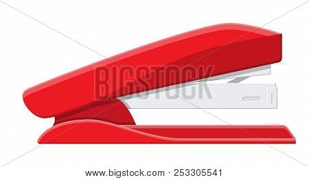 Red Plastic Stapler. Device For Fastening Sheets. Office And School Equipment, Stationery. Vector Il