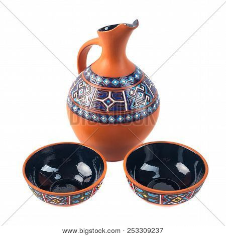 Georgian Handmade Ceramic (clay) Jug With Traditional Ornaments On It, Named Doqi, And Cup, Named Ta